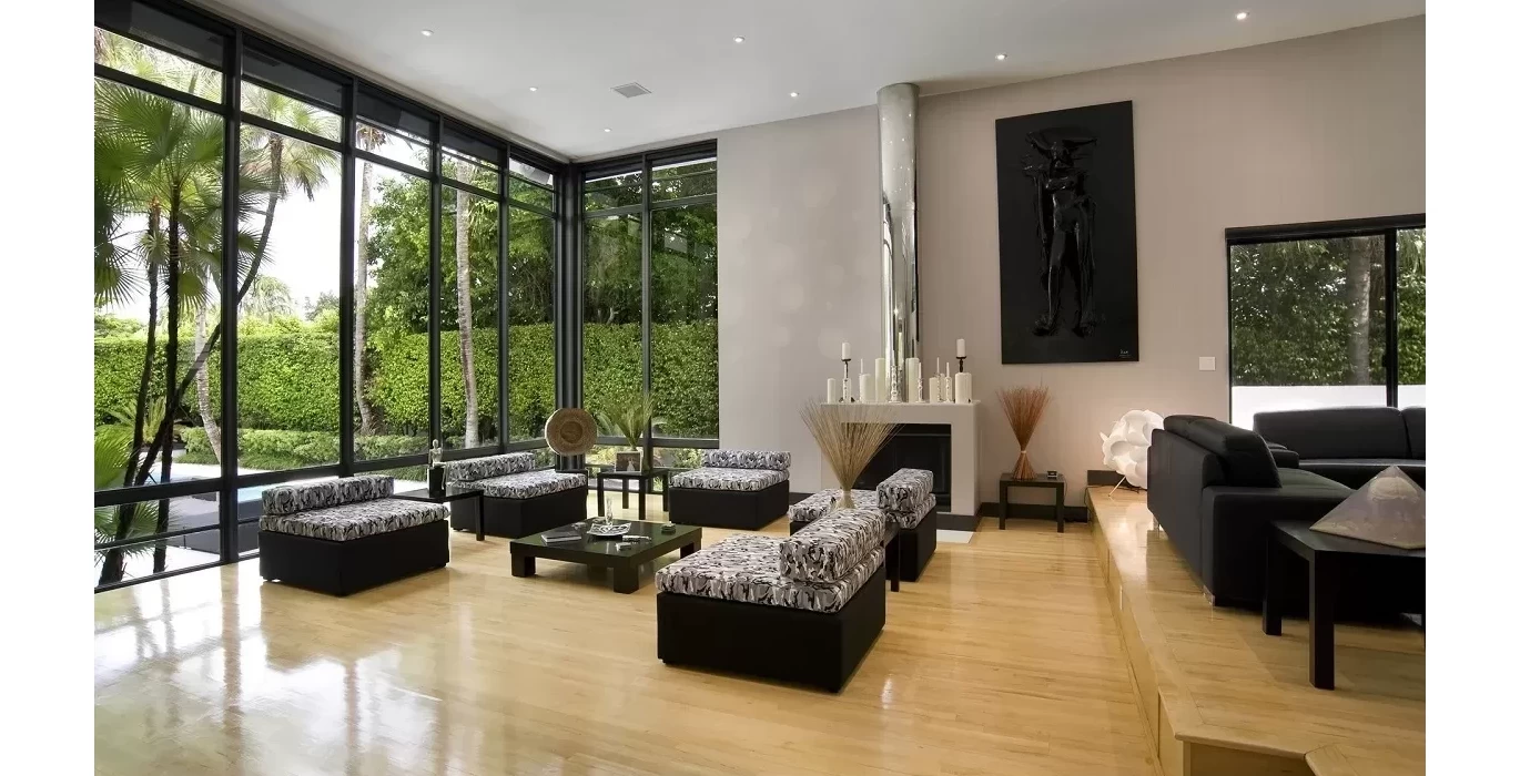 Living room design with large windows