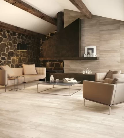 Wood effect tiles in the interior of the living room