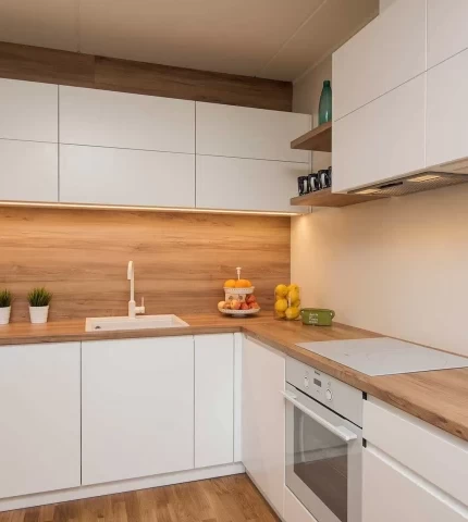 Wood countertop in the interior of the kitchen Wood countertop in the interior of the kitchen